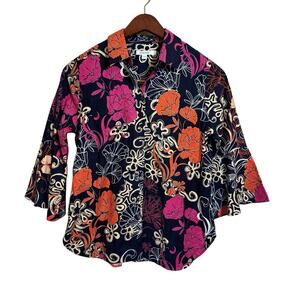 Chico's Sz 0 US 4 Small 3/4 Ruffled Bell Sleeve Blouse Shirt Top Colorful Floral